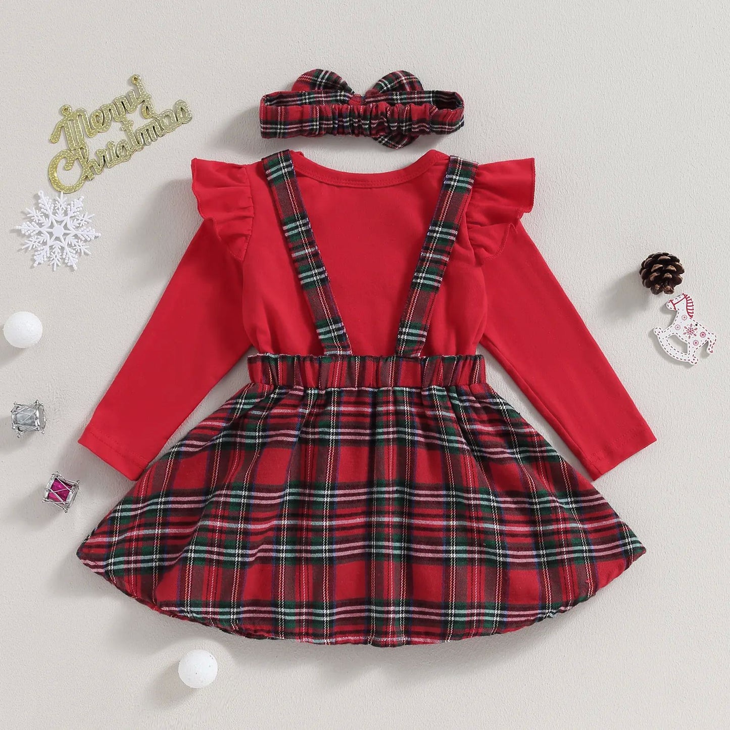 Baby Girl Christmas Ruffle Romper & Plaid Suspender Skirt Set with Headband