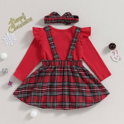 Baby Girl Christmas Ruffle Romper & Plaid Suspender Skirt Set with Headband