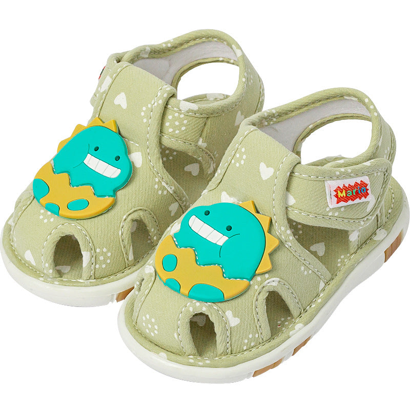 Heart-Print Canvas Baby Sandals with 3D Animal Appliqué | Closed-Toe Cutout Style in 4 Characters