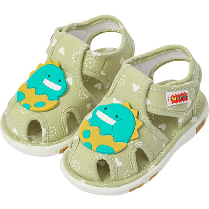 Heart-Print Canvas Baby Sandals with 3D Animal Appliqué | Closed-Toe Cutout Style in 4 Characters