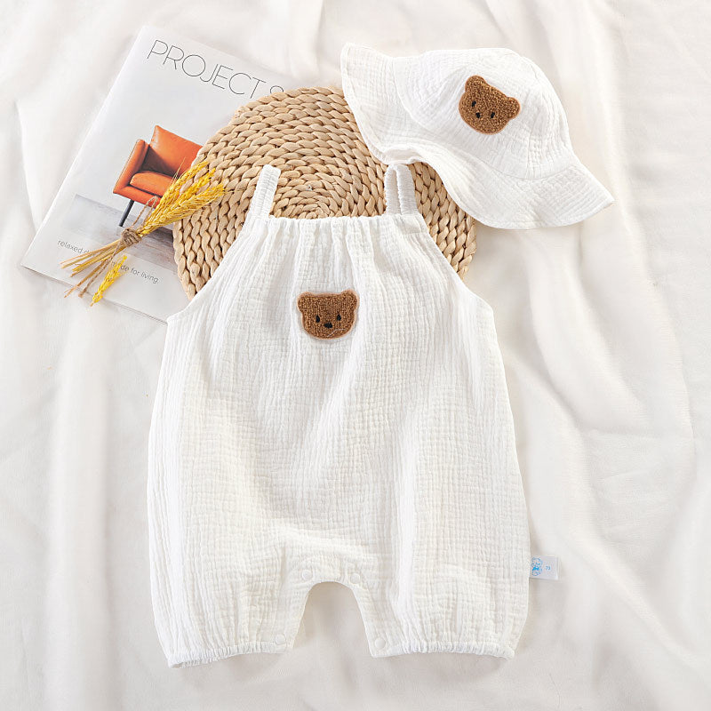 Sleeveless Cotton Gauze Baby Romper Set with Hat – Lightweight Summer Crawling Suit