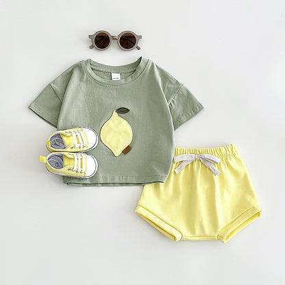 Baby & Toddler Fruit Appliqué Tee & Bloomer Shorts Set | Summer Cotton 2-Piece in Sage or Camel