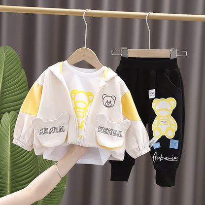 Toddler Boy's Bear Print 3-Piece Hooded Zip Jacket, Tee & Jogger Set | Color-Block Tracksuit with Bear Ear Hood