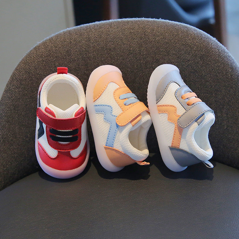 Wave-Panel Mesh & PU Toddler Sneakers | Breathable Color-Block Baby Shoes in Gray, Red & Orange