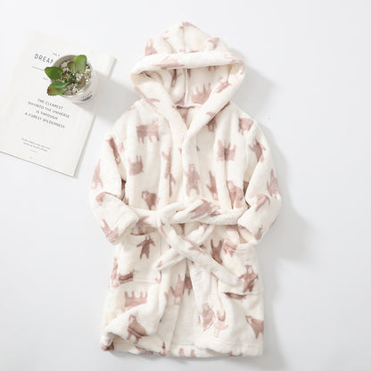 Kids' Hooded Fleece Bathrobe – Plush Flannel Robe with Pockets & Tie Belt, Cartoon Prints for Boys & Girls (2T–12 Years)