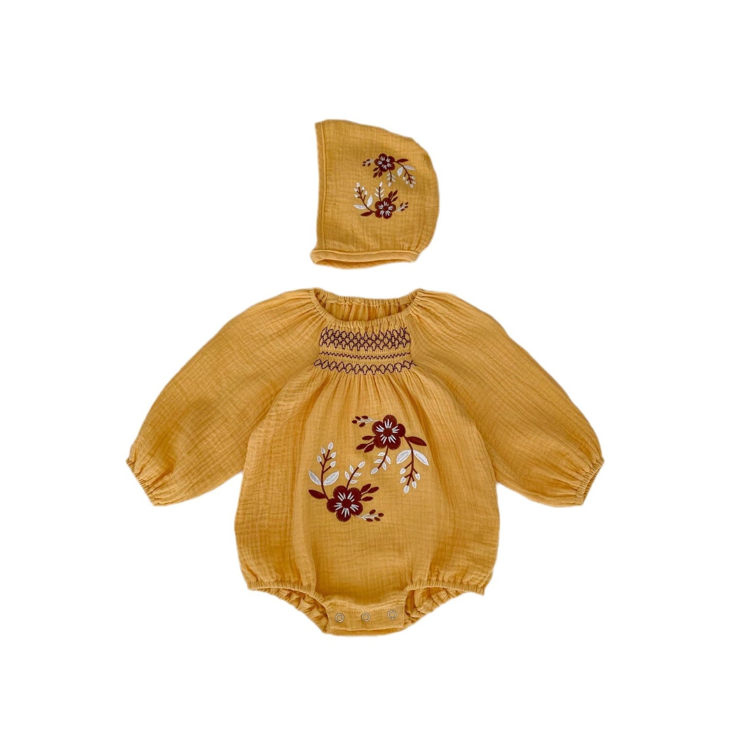 arigold Floral Embroidered Muslin Romper & Bonnet Set – Baby Girl
