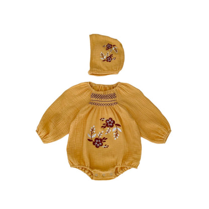 arigold Floral Embroidered Muslin Romper & Bonnet Set – Baby Girl