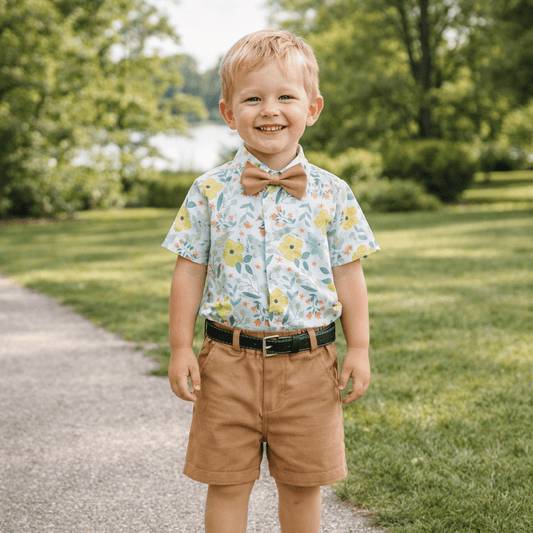 Toddler & Little Boys' Floral Button-Down Shirt & Shorts Set with Bow Tie and Belt – Sizes 3 Months–6 Years