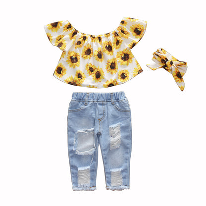 Sunflower 3-Piece Outfit Set for Girls (Top + Ripped Jeans + Bow Headband)