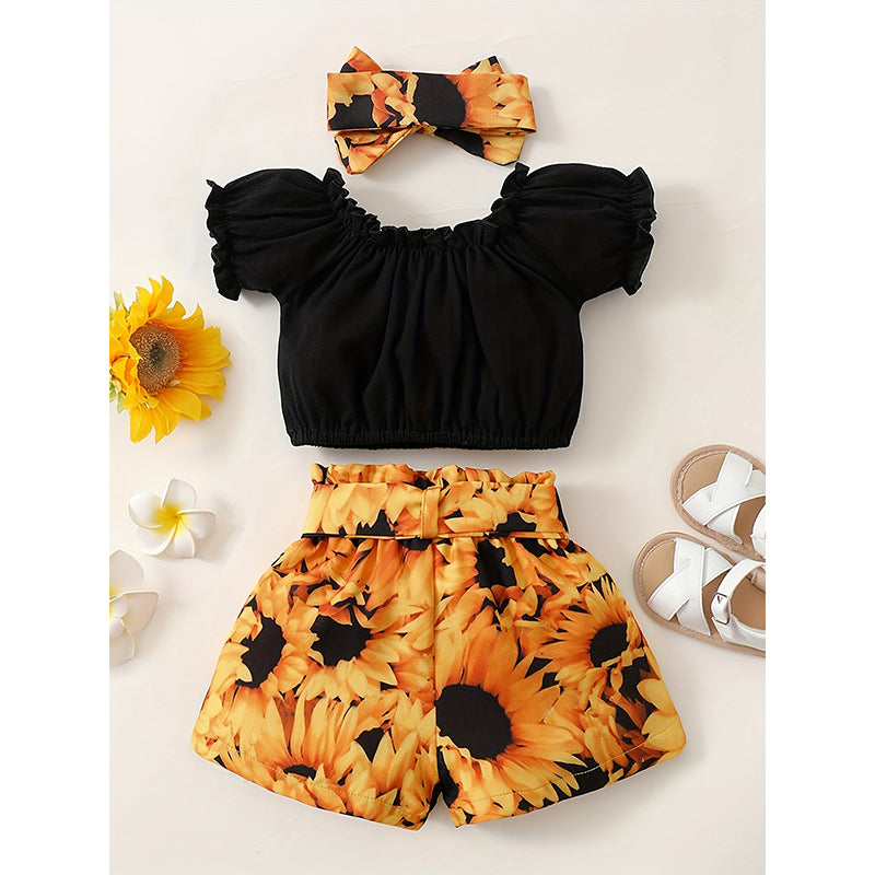 3-Piece Baby Outfit Set – Soft Short-Sleeve Top, Floral Shorts & Matching Headband