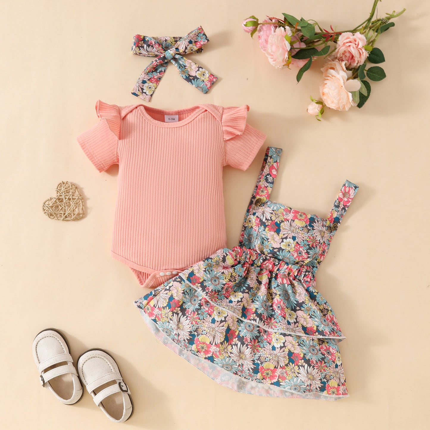 Baby Girl Ribbed Flutter-Sleeve Romper & Floral Suspender Skirt Set with Headband