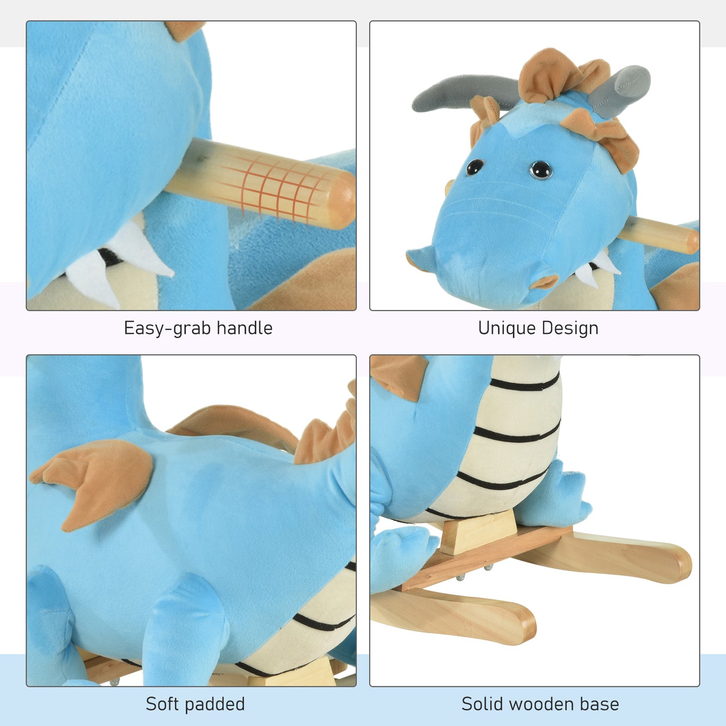 Blue Wooden Dinosaur Rocking Horse – Realistic Sounds Ride-On Toy for Toddlers