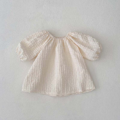 Girls' Textured Puff-Sleeve Romper & Dress Set – Soft Cotton Plaid for Babies & Toddlers
