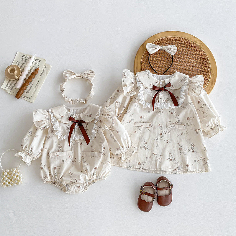 Vintage Floral Lace-Collar Romper or Dress Set with Headband – Baby & Toddler Girl