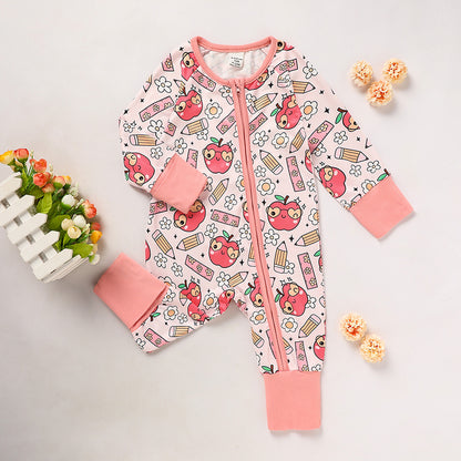 Infant Back-to-School Romper – Apple & Pencil Print Long Sleeve Jumpsuit