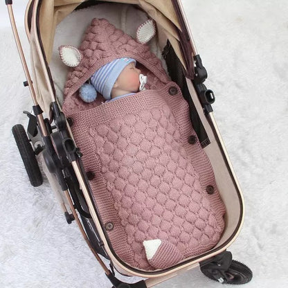 Fox Knit Baby Swaddle Blanket with Hood & Ears – Cozy Pram Sleeping Bag (0–12 Months)
