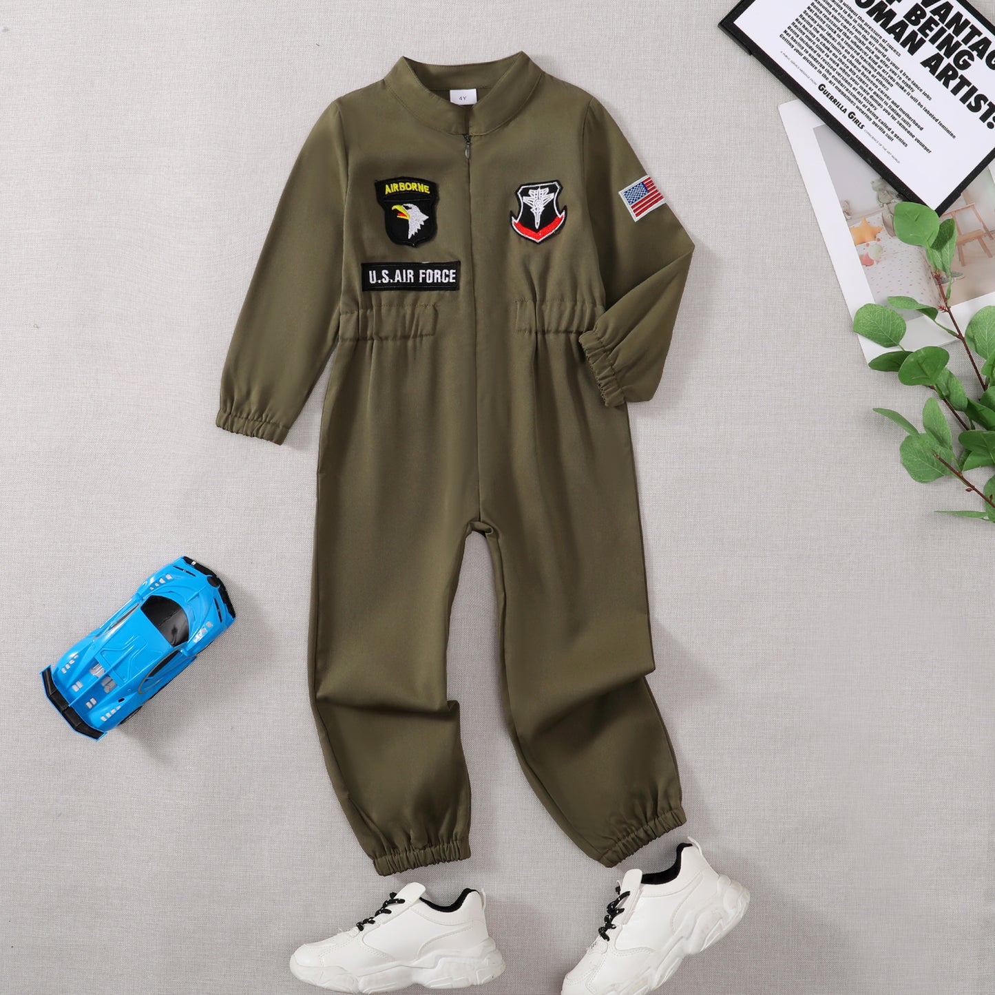 Toddler Boys’ Pilot Jumpsuit – Army Green Long Sleeve Romper (4-5 Years)