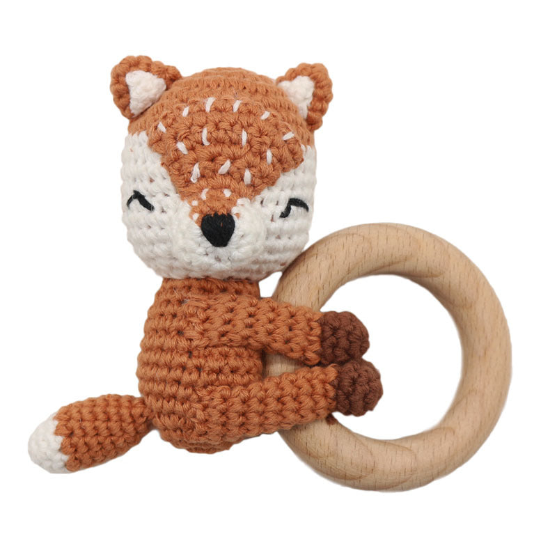 Handmade Crochet Fox & Deer Baby Teether Rattle – Wooden Ring Molar Toy