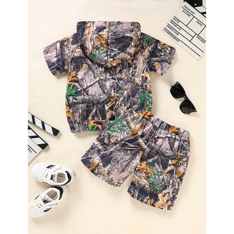 Toddler Baby Boy Camo 2-Piece Outfit – Short Sleeve Hoodie & Pocket Shorts