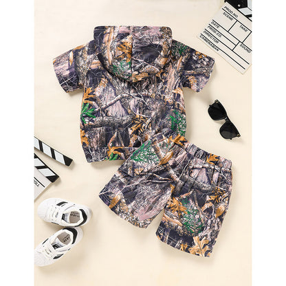 Toddler Baby Boy Camo 2-Piece Outfit – Short Sleeve Hoodie & Pocket Shorts