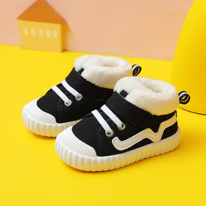 Fleece-Lined High-Top Canvas Toddler Boots | Plush Winter Shoes in Red & Black