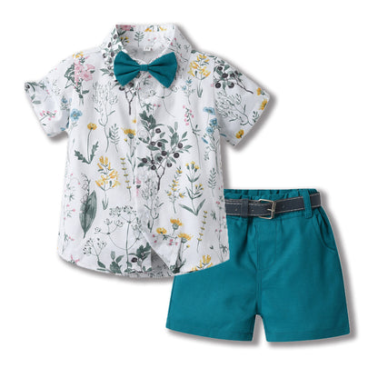 Toddler & Little Boys' Floral Button-Down Shirt & Shorts Set with Bow Tie and Belt – Sizes 3 Months–6 Years