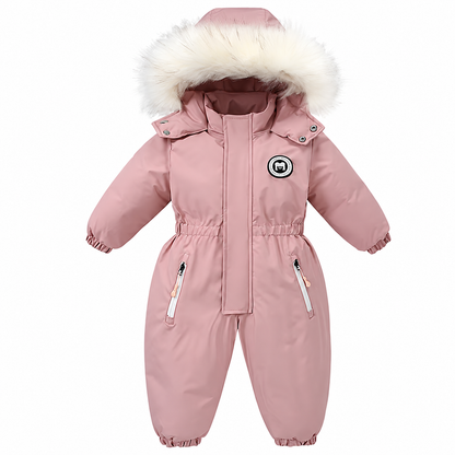 Faux Fur Hooded Baby Snowsuit with Full-Length Zipper