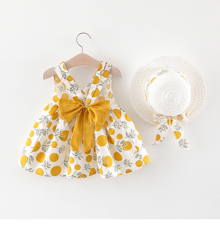 Baby Girl Polka Dot & Floral Print Sleeveless Dress with Sun Hat – Bow Back, Sizes 6 Months–4 Years