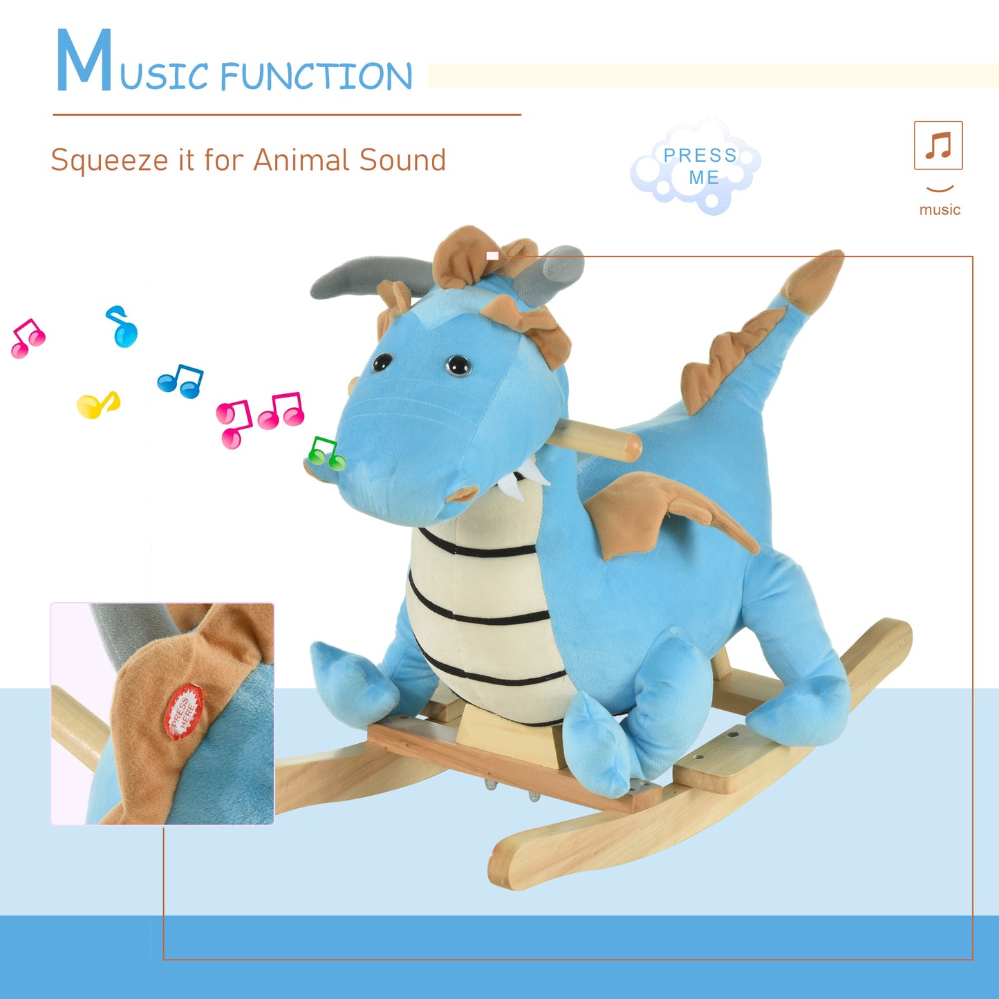 Blue Wooden Dinosaur Rocking Horse – Realistic Sounds Ride-On Toy for Toddlers