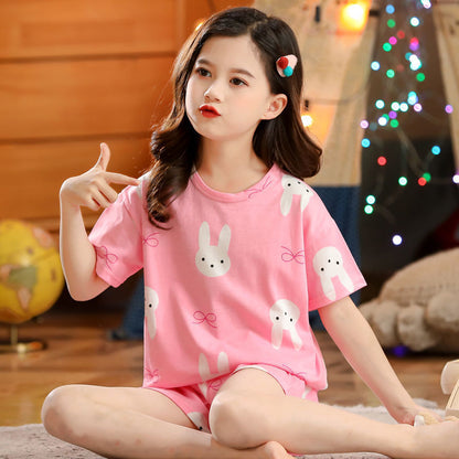 Girls' Short-Sleeve Pajama Set – Fun Print Cotton-Feel Top & Shorts for Summer Sleepwear (3–10 Years)
