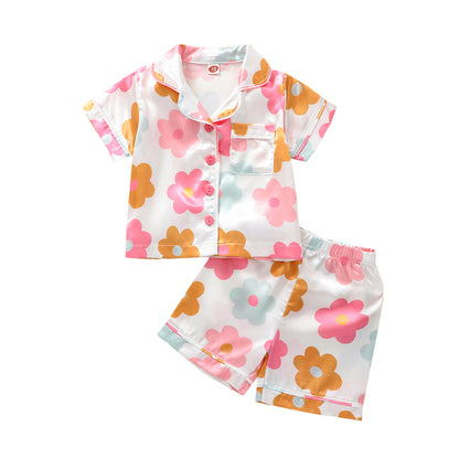 Toddler Girls' Satin Pajama Set – Floral Print Button-Front Short Sleeve Top & Shorts (12 Months–6 Years)