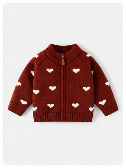 Heart-Print Zip-Up Knit Cardigan for Girls