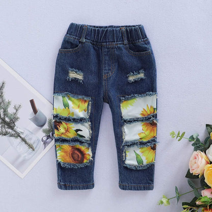 Sunflower Outfit Set – Ruffle Top + Distressed Jeans + Headband (3-Piece)