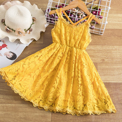 Girls' All-Over Lace Spaghetti Strap Dress – Floral Cutout, Full Skirt, Sizes 3–8