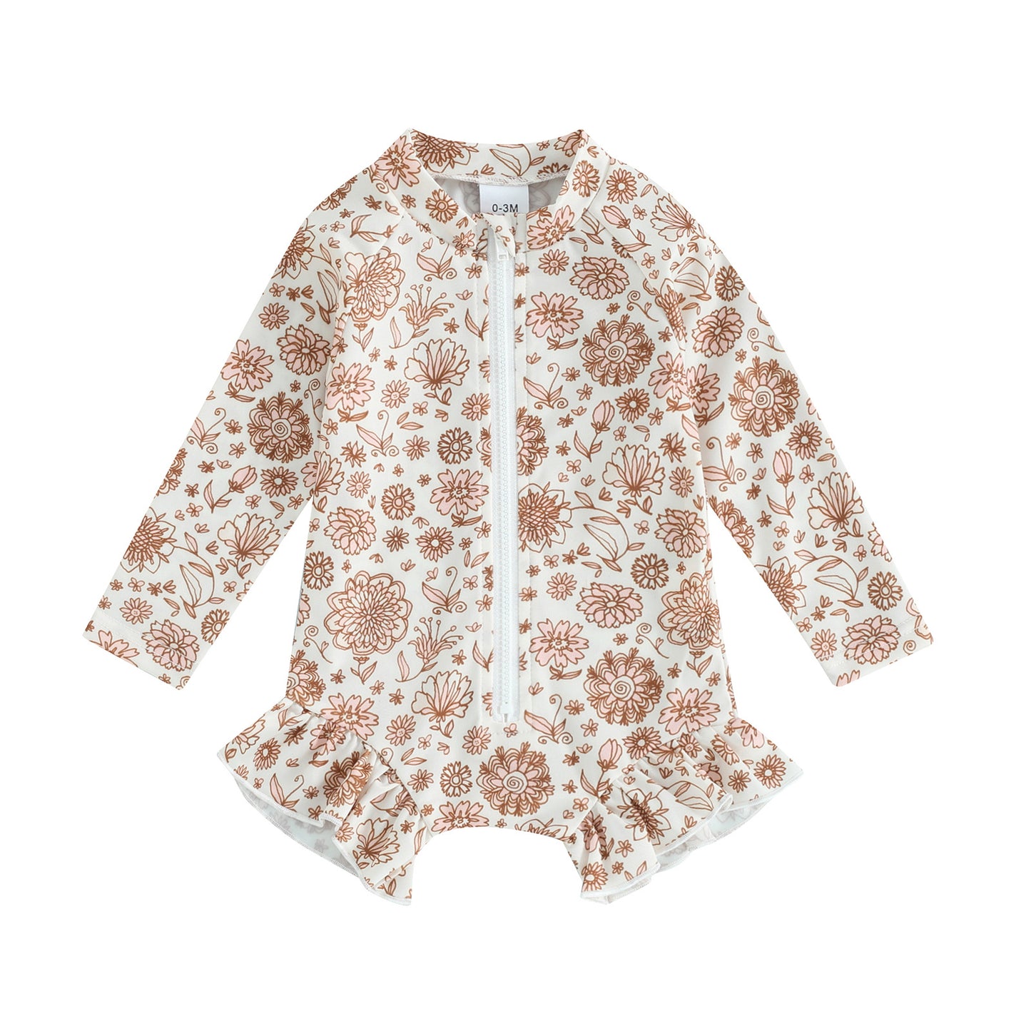 Baby & Toddler Girl Botanical Line-Art Rash Guard Swimsuit – Long Sleeve Ruffle Hem, Sizes 6 Months–3 Years