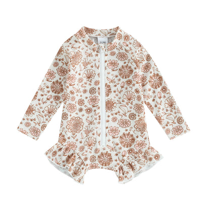 Baby & Toddler Girl Botanical Line-Art Rash Guard Swimsuit – Long Sleeve Ruffle Hem, Sizes 6 Months–3 Years
