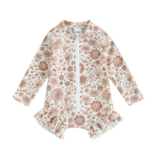 Baby & Toddler Girl Botanical Line-Art Rash Guard Swimsuit – Long Sleeve Ruffle Hem, Sizes 6 Months–3 Years
