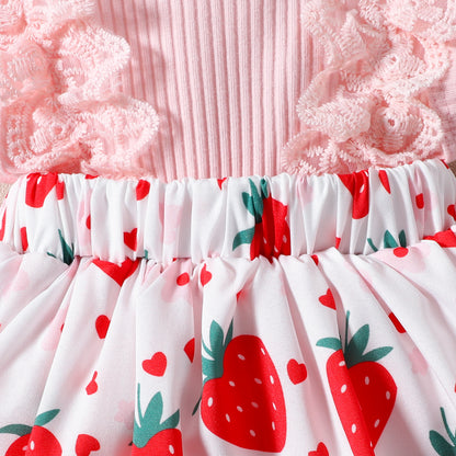 Baby Girl Strawberry Print Lace-Sleeve Romper Dress with Bow & Headband