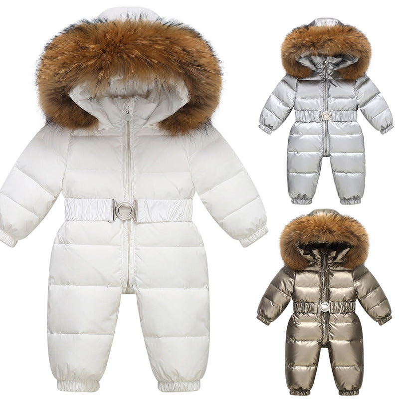 Girls’ Hooded Faux-Fur Snowsuit – Puffer-Style One-Piece Winter Jumpsuit with Belt