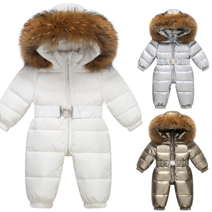 Girls’ Hooded Faux-Fur Snowsuit – Puffer-Style One-Piece Winter Jumpsuit with Belt