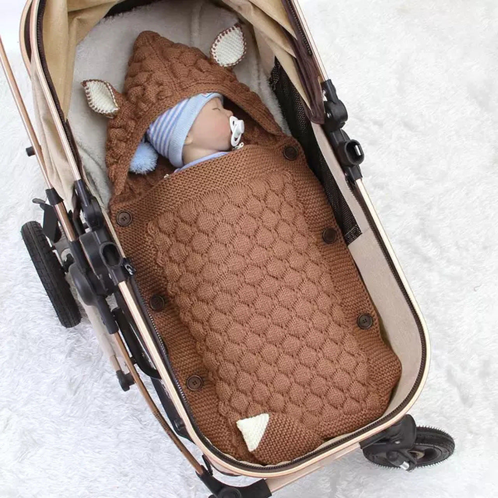 Fox Knit Baby Swaddle Blanket with Hood & Ears – Cozy Pram Sleeping Bag (0–12 Months)