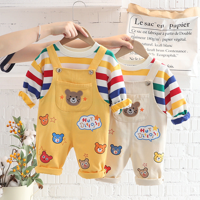 Toddler Boy 2-Piece Outfit Set – Rainbow Stripe Long-Sleeve Tee & Cartoon Bear Suspender Pants (6 Months–5 Years)