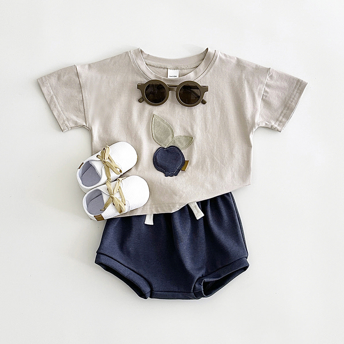 Baby & Toddler Fruit Appliqué Tee & Bloomer Shorts Set | Summer Cotton 2-Piece in Sage or Camel