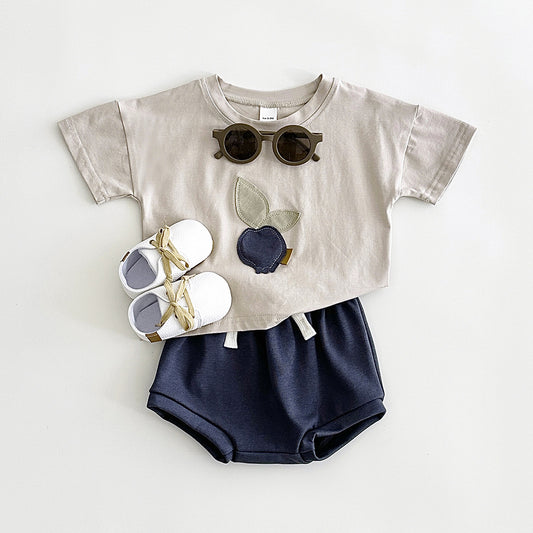 Baby & Toddler Fruit Appliqué Tee & Bloomer Shorts Set | Summer Cotton 2-Piece in Sage or Camel