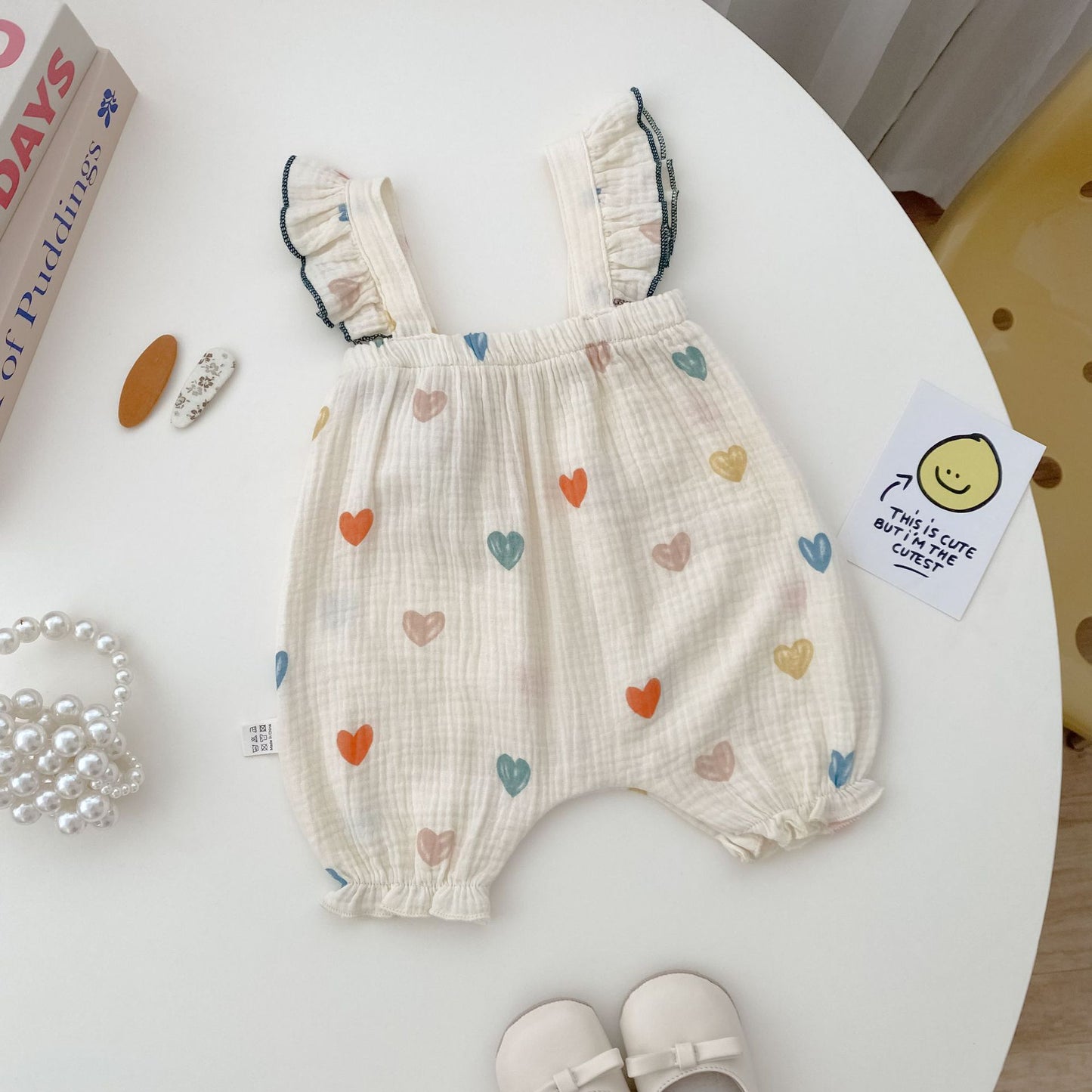 Rainbow Heart Print Muslin Flutter Romper – Baby Girl Sleeveless Summer Bubble Suit