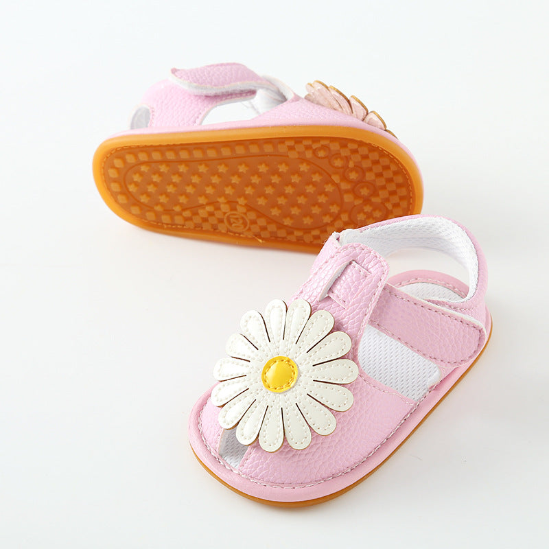 Oversized Daisy Appliqué Soft-Sole Baby Girl Sandals | Velcro Closure in White, Pink & Gold