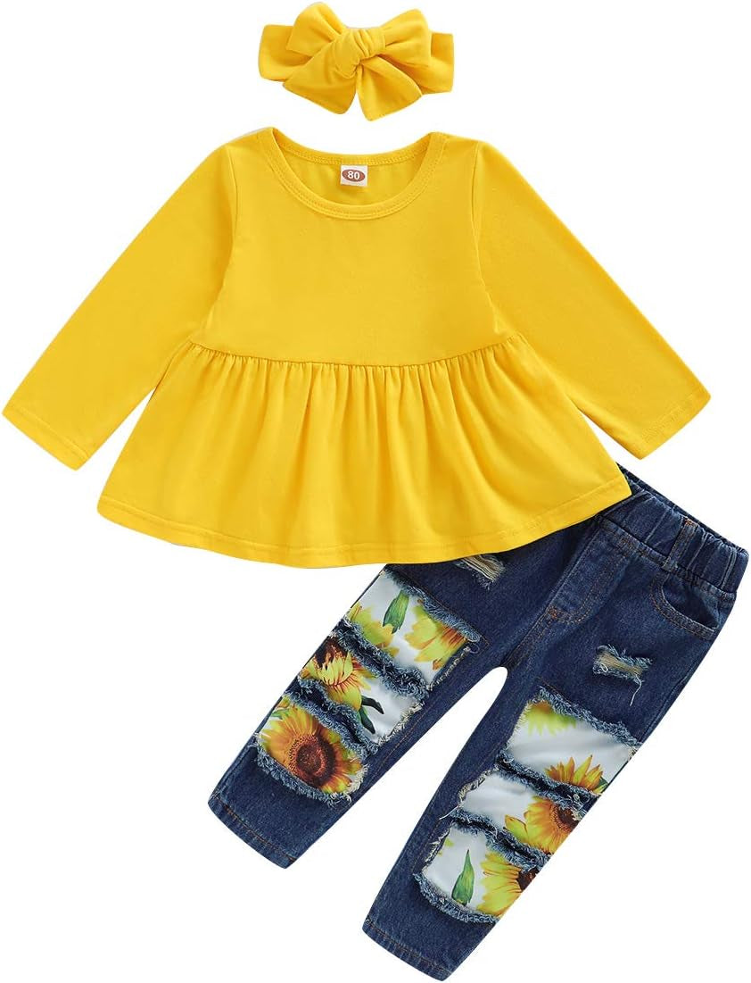 Sunflower Outfit Set – Ruffle Top + Distressed Jeans + Headband (3-Piece)