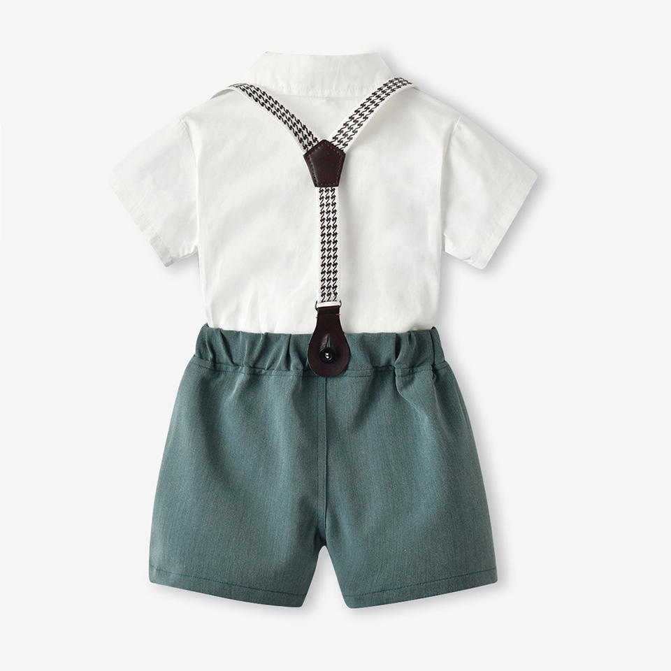 Toddler & Little Boys' White Shirt & Suspender Shorts Gentleman Set – Bow Tie & Houndstooth Braces, Sizes 3 Months–6 Years