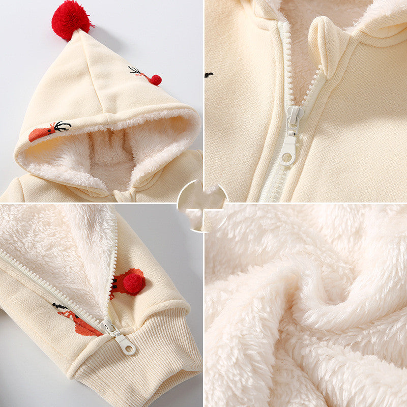 Cozy Reindeer Hooded Baby Snowsuit – Plush Zip-Up Winter One-Piece for Babies