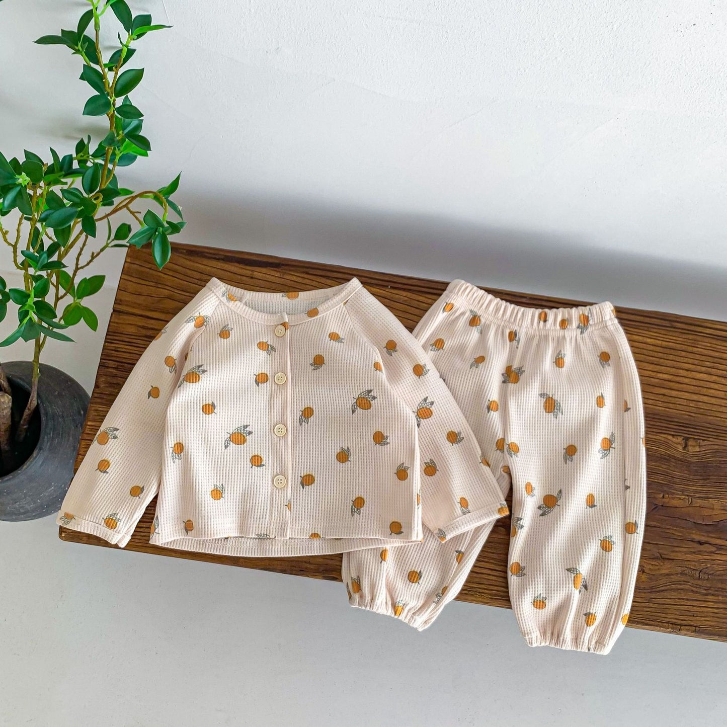 Cotton Baby Two-Piece Lounge Set (Long Sleeve Top + Pants) – Fruit Prints